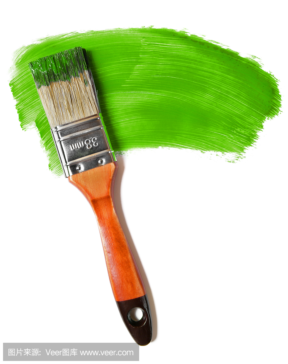 油漆刷与绿色油漆(隔离在白色)